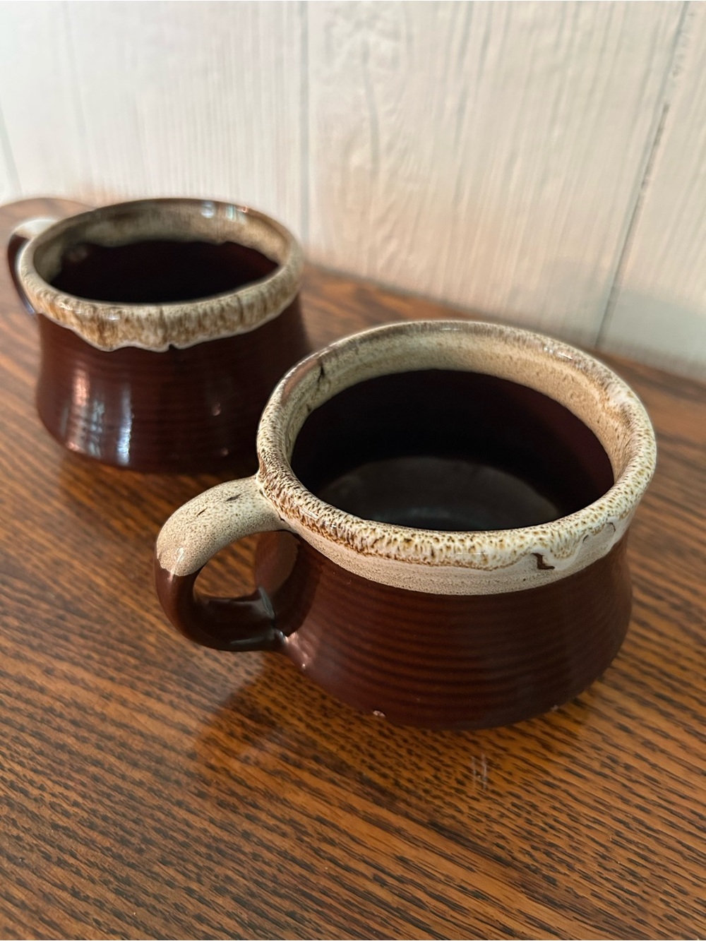 Vintage Brown & Cream Drip Glaze Stoneware Mugs - Rustic 1970s Style | Set of 2